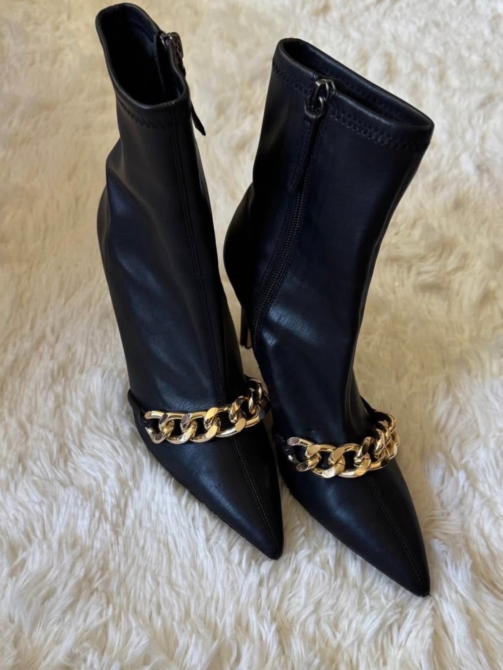 ZARA  NWOT Black Faux Leather Gold Chain Pointed Toe Boots  Size 7.5